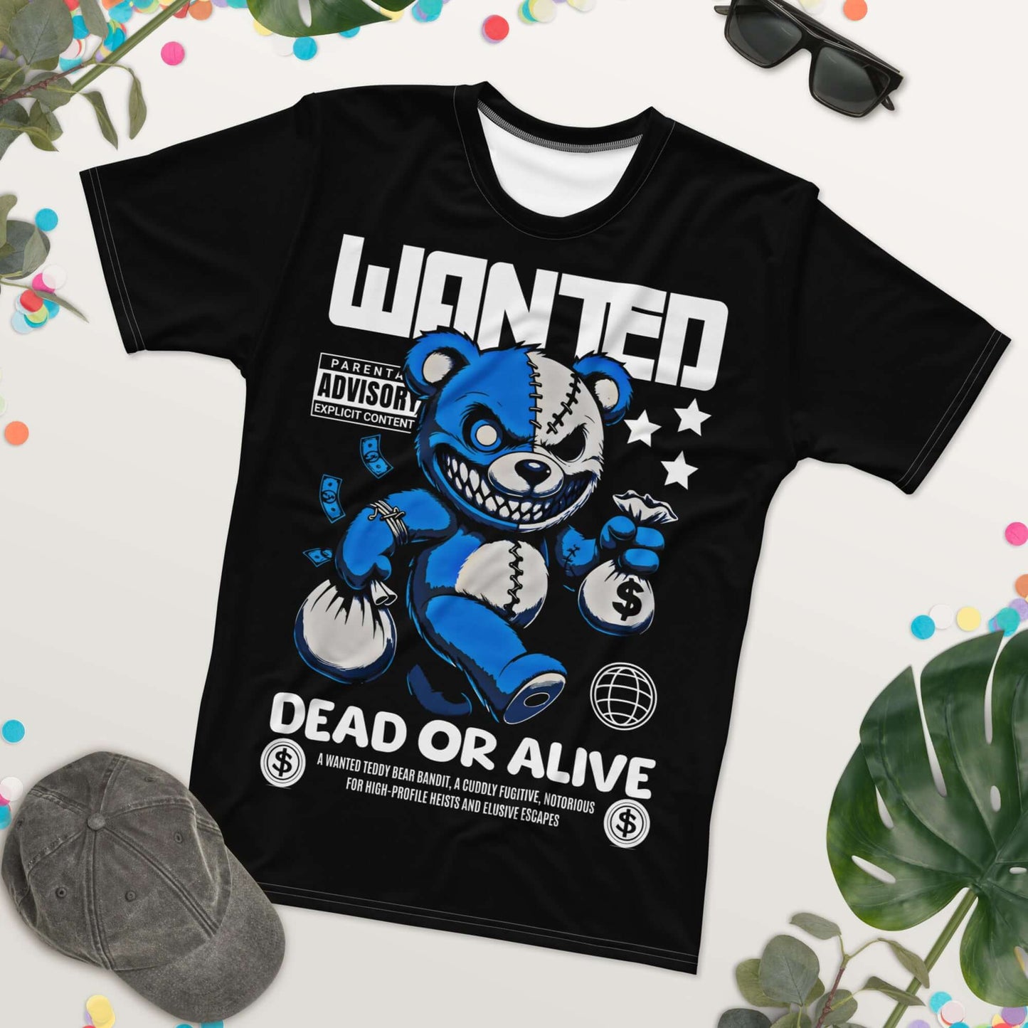 Herren-T-Shirt Wanted Bear mit Bärendesign und Dollarzeichen, angenehm weich, schwarz, einzigartiger Stil.