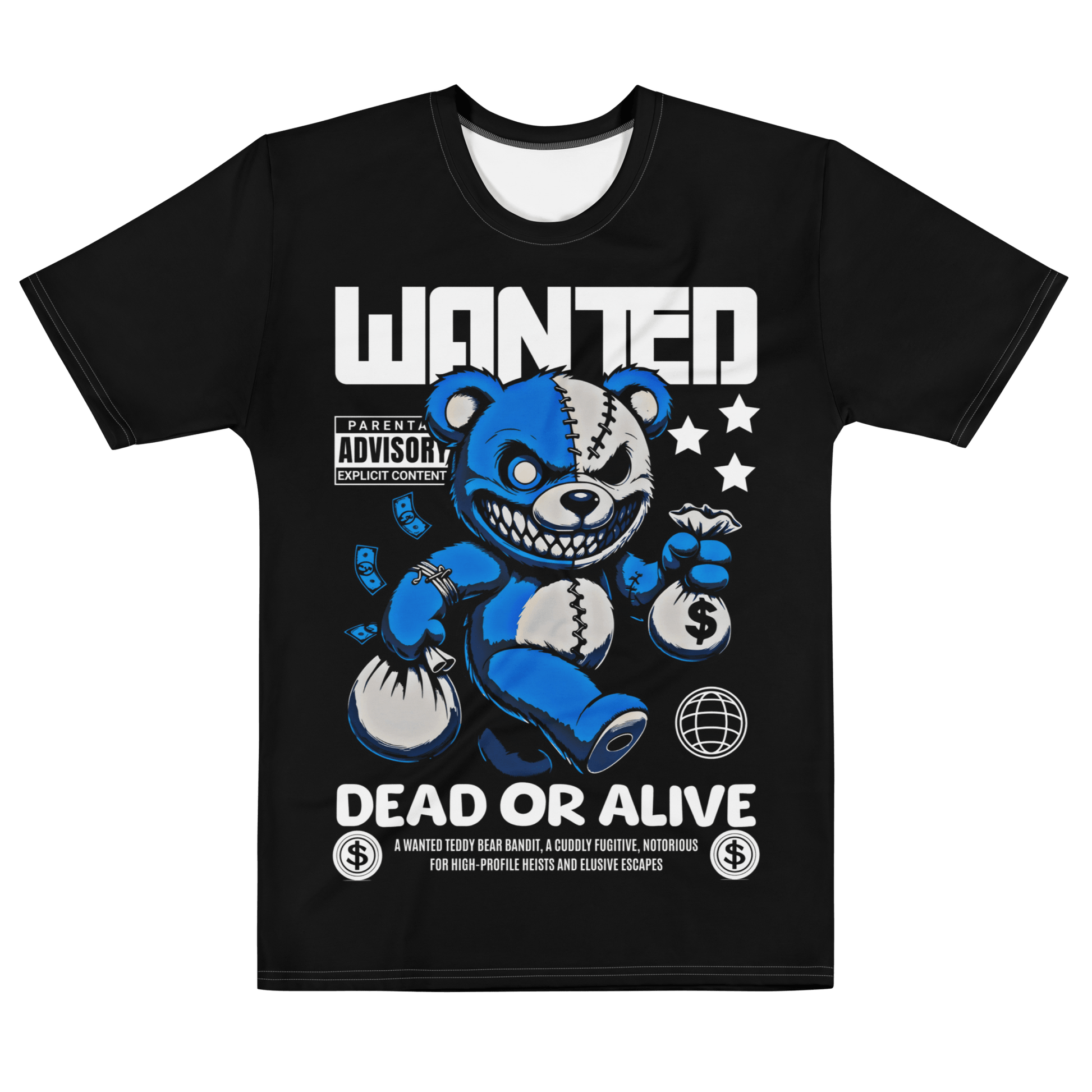 Herren-T-Shirt Wanted Bear mit Bärendesign und Dollarzeichen, angenehm weich, schwarz, einzigartiger Stil.