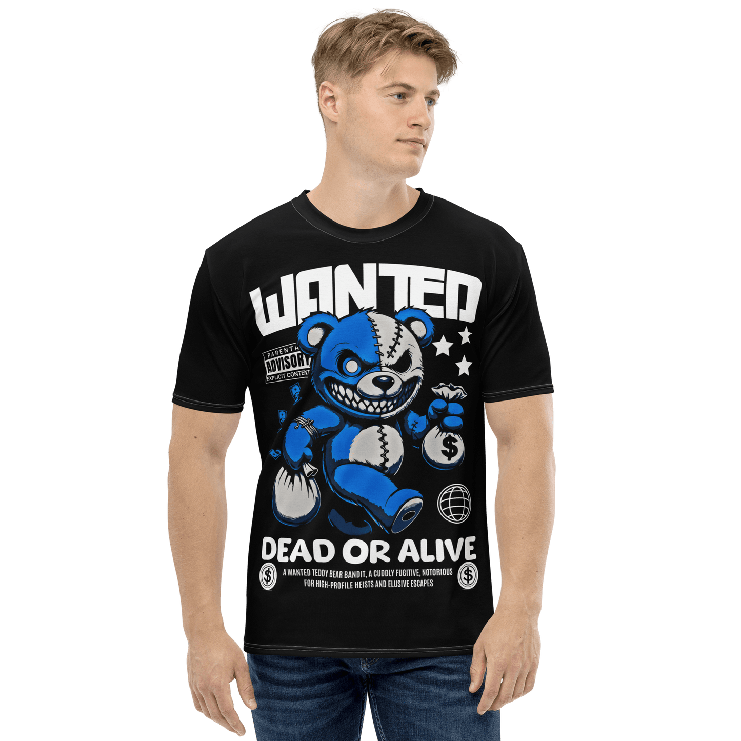 Herren-T-Shirt Wanted Bear mit Bärendesign und Dollarzeichen, angenehm weich, schwarz, einzigartiger Stil.