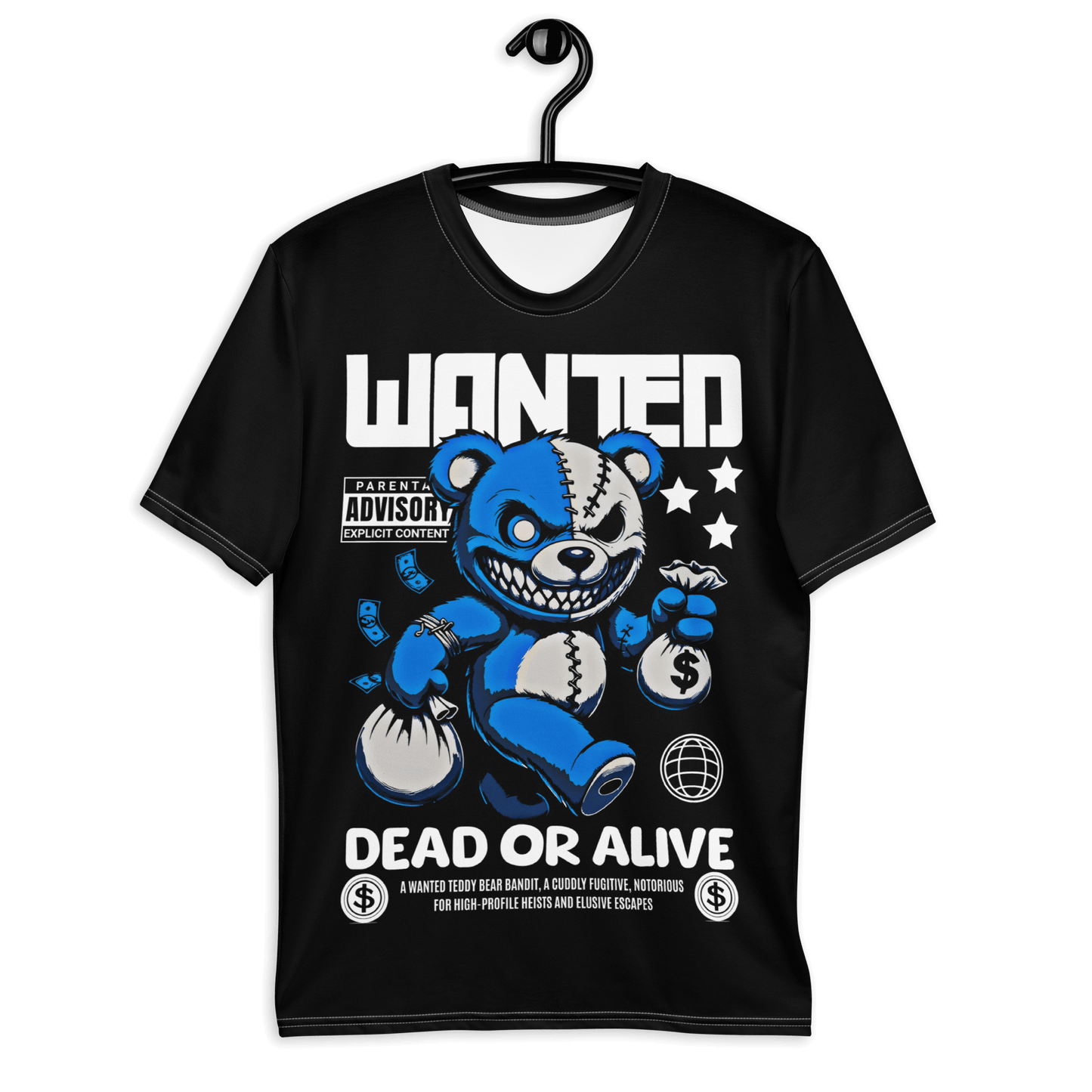 Herren-T-Shirt Wanted Bear mit Bärendesign und Dollarzeichen, angenehm weich, schwarz, einzigartiger Stil.