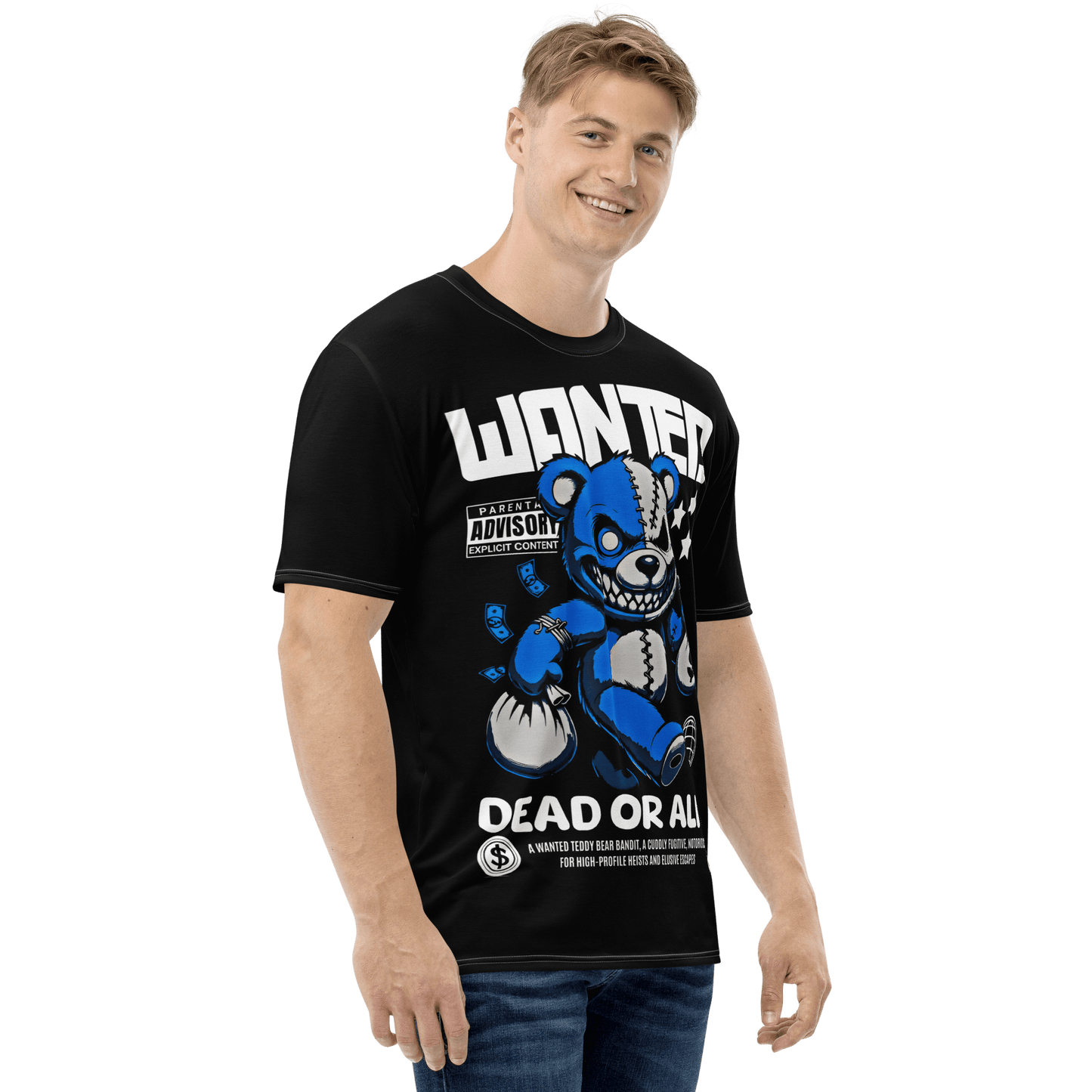 Herren-T-Shirt Wanted Bear mit Bärendesign und Dollarzeichen, angenehm weich, schwarz, einzigartiger Stil.