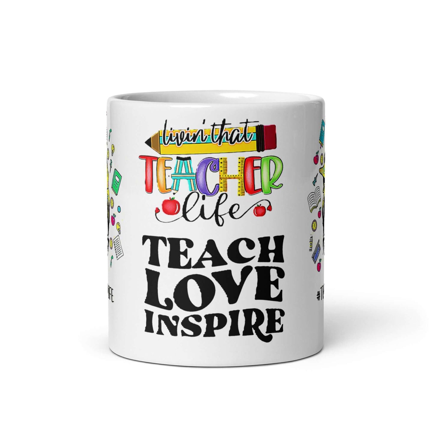 Beste Lehrer Tasse mit buntem #TeacherLife Design und Lehrer-Motiv, ideal für den Schreibtisch oder das Lehrerzimmer.