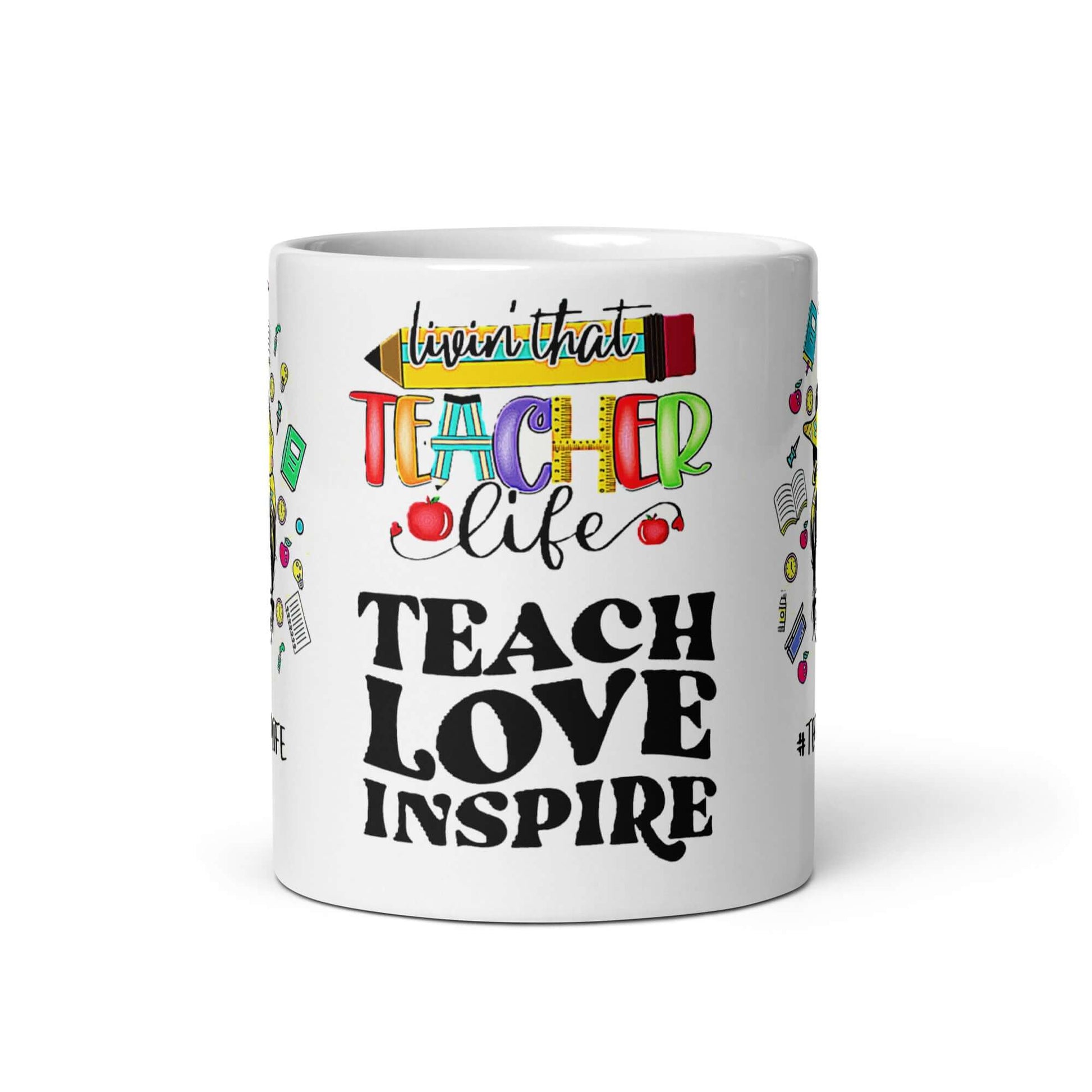 Beste Lehrer Tasse mit buntem #TeacherLife Design und Lehrer-Motiv, ideal für den Schreibtisch oder das Lehrerzimmer.